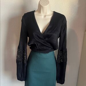 Express Black Wrap Blouse with Lace Sleeves